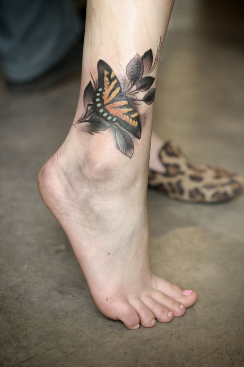 Realistic Butterfly Tattoo On Girl Right Ankle By Sean Wright