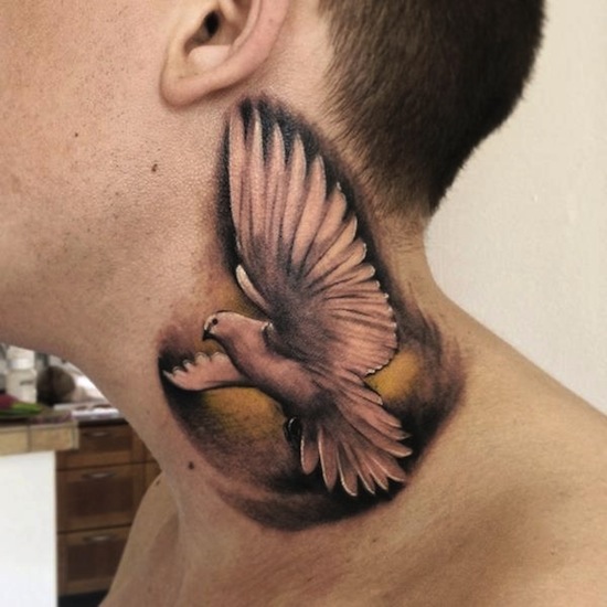 Realistic Flying Bird Tattoo On Side Neck