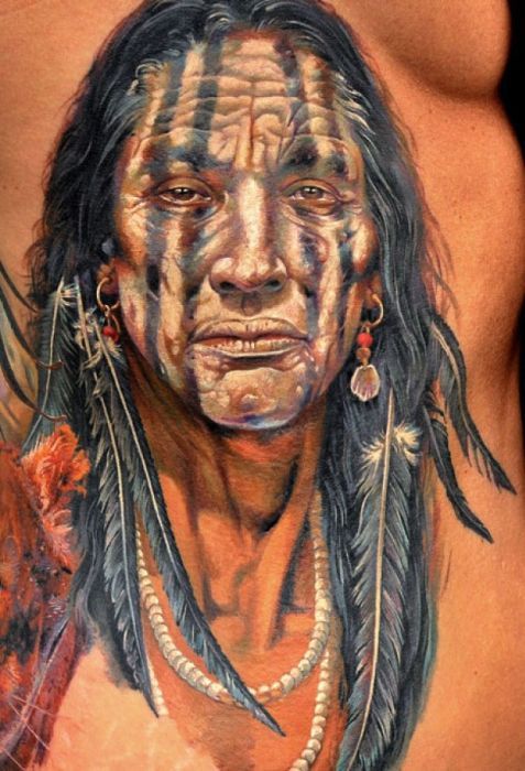 Realistic Indian Native Man Face Tattoo Design For Side Rib