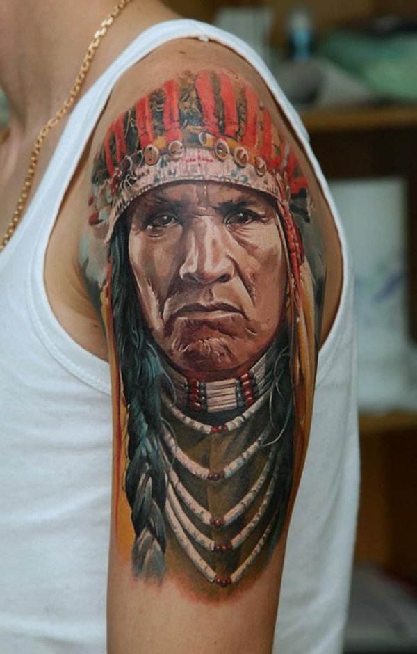 Realistic Indian Native Tattoo On Left Half Sleeve