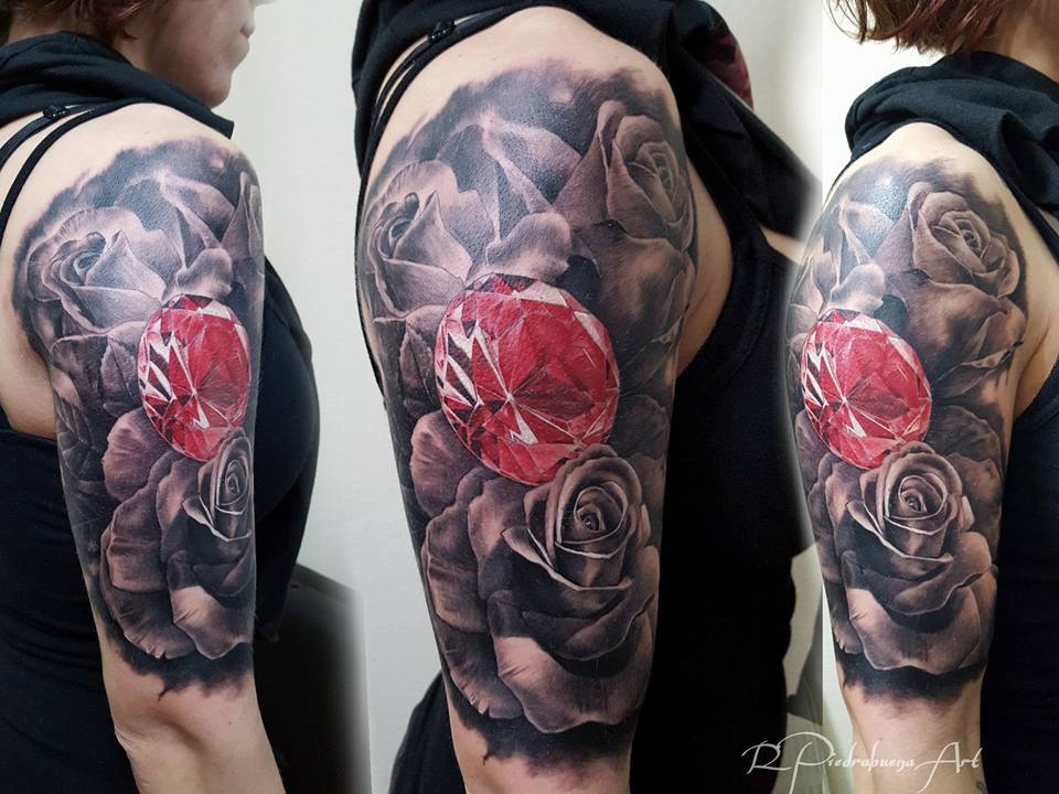 Realistic Red Diamond And Rose Tattoos On Shoulder by Pxa Body Art
