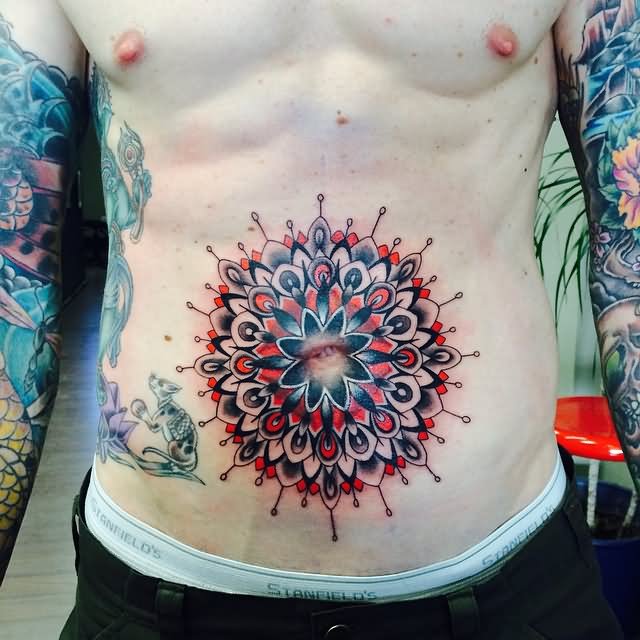 Red And Black Mandala Flower Tattoo Design For Men Stomach