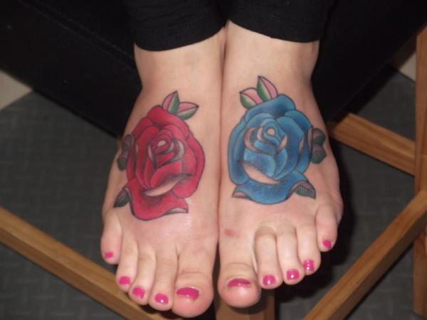 Red And Blue Roses Tattoo On Girl Feet