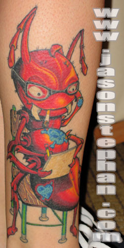 Red Ink Ant Reading Book Tattoo On Arm