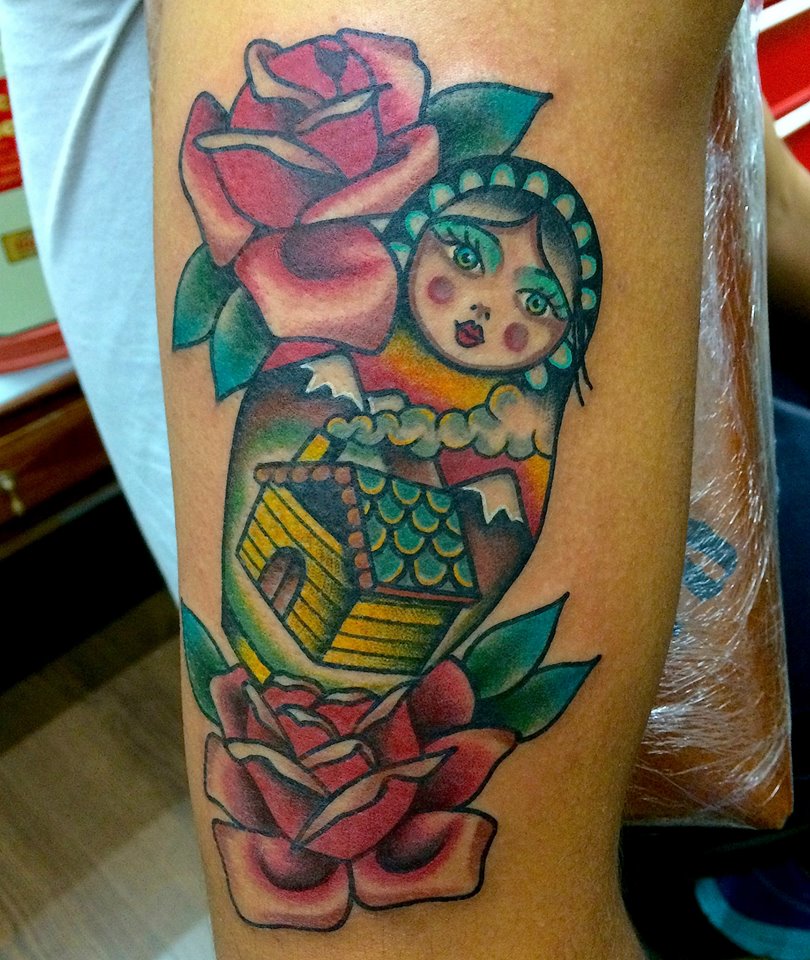Red Rose And Matryoshka Tattoo On Half Sleeve