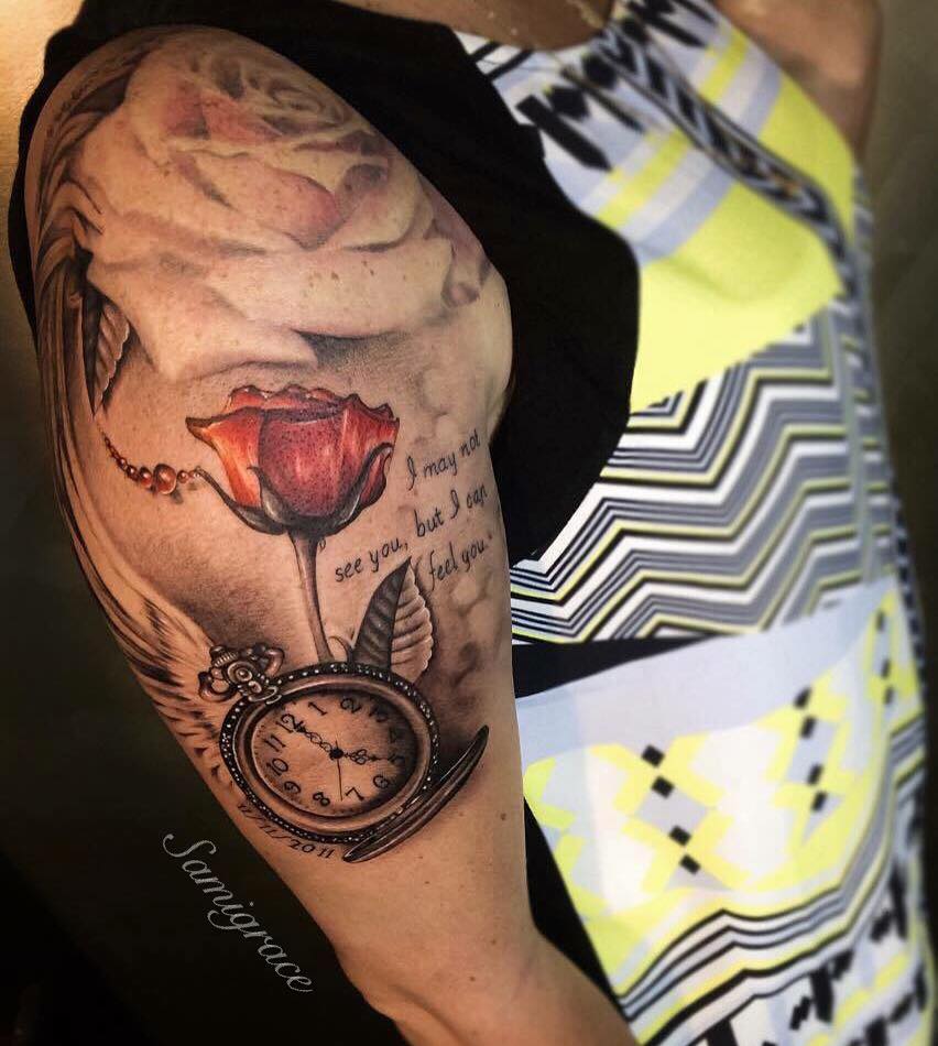 Red Rose Bud And Clock Tattoo On Right Half Sleeve by Sami Grace