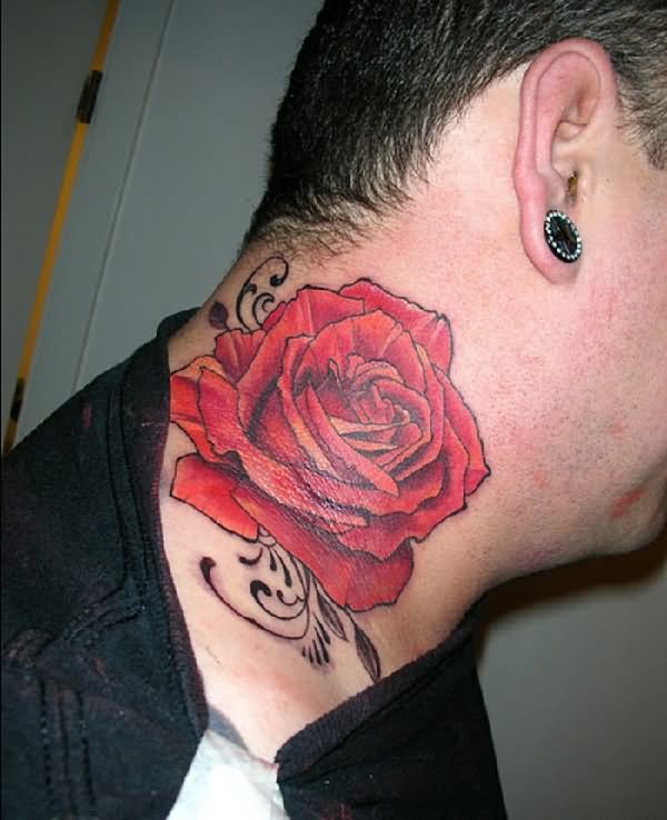 Red Rose Tattoo On Man Right Side Neck