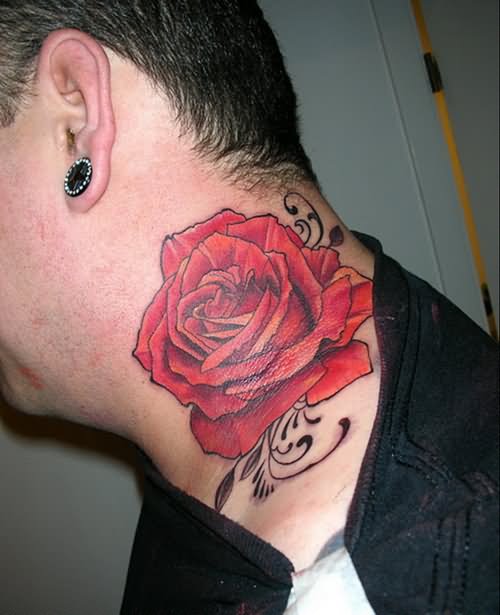 Red Rose Tattoo On Man Side Neck