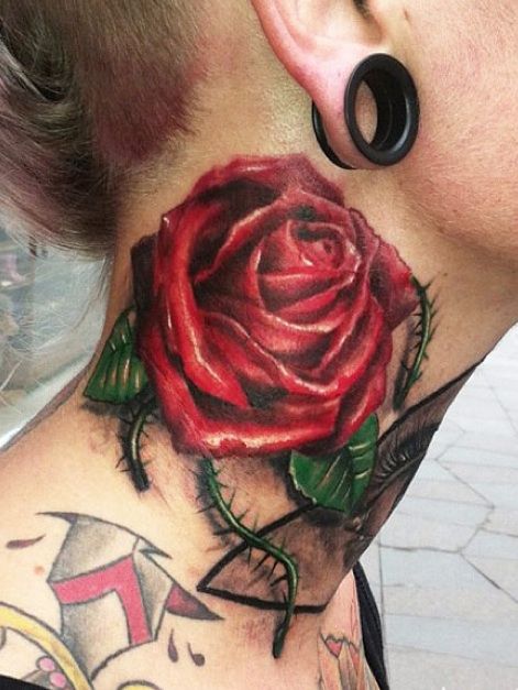 Red Rose Tattoo On Right Side Neck