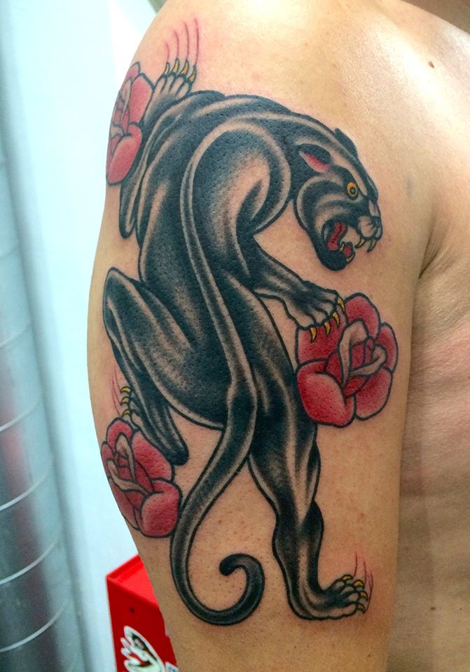Red Roses And Panther Tattoo On Half Sleeve