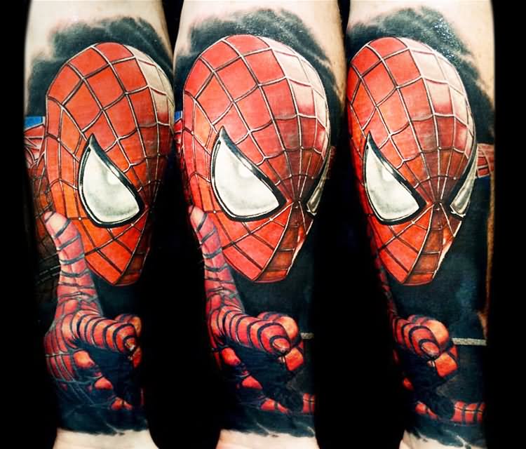 Red Spiderman Tattoo On Forearm
