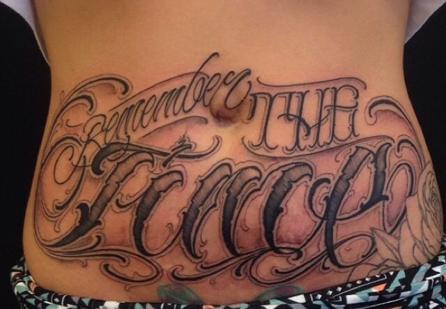 Remember The Time Lettering Tattoo On Girl Stomach