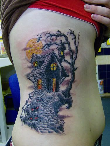 Rib Side Haunted House Tattoo For Girls