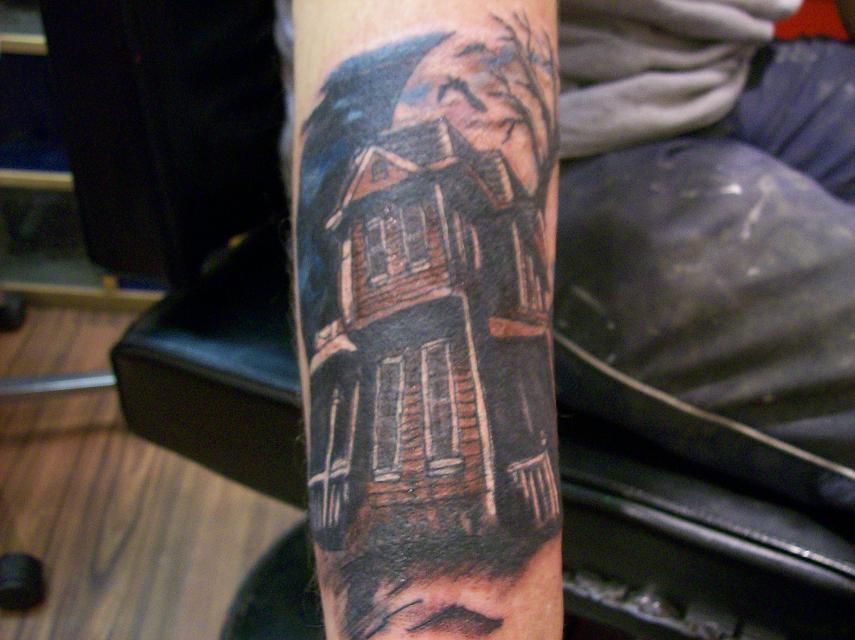 Right Arm Grey Ink Haunted House Tattoo