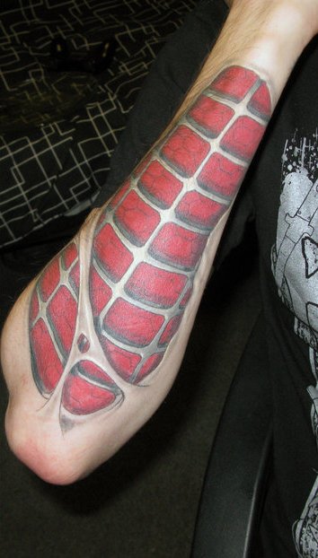 Right Arm Red Ink Spiderman Tattoo