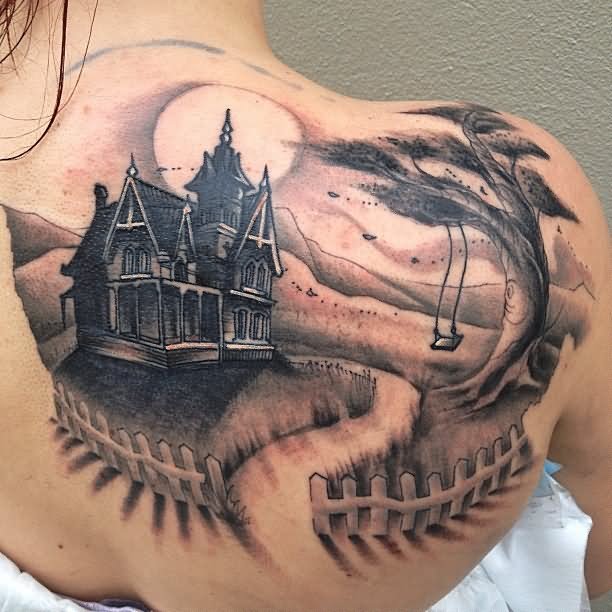 Right Back Shoulder Haunted House Tattoo