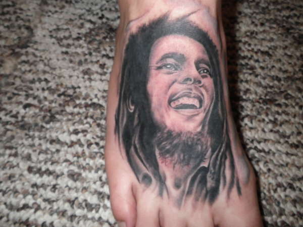Right Foot Grey Ink Bob Marley Tattoo