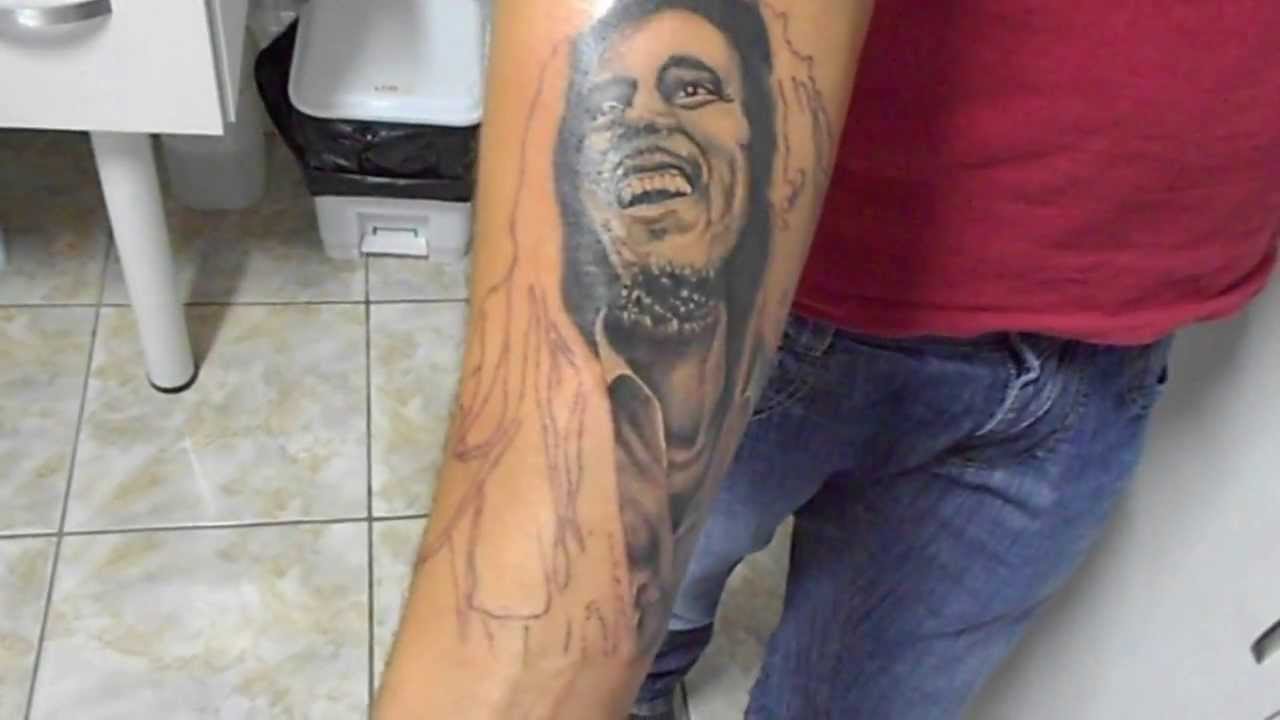 Right Forearm Grey Ink Bob Marley Tattoo For Men