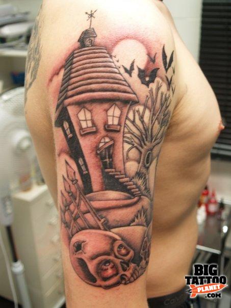 Right Half Sleeve Haunted House Tattoo For Men