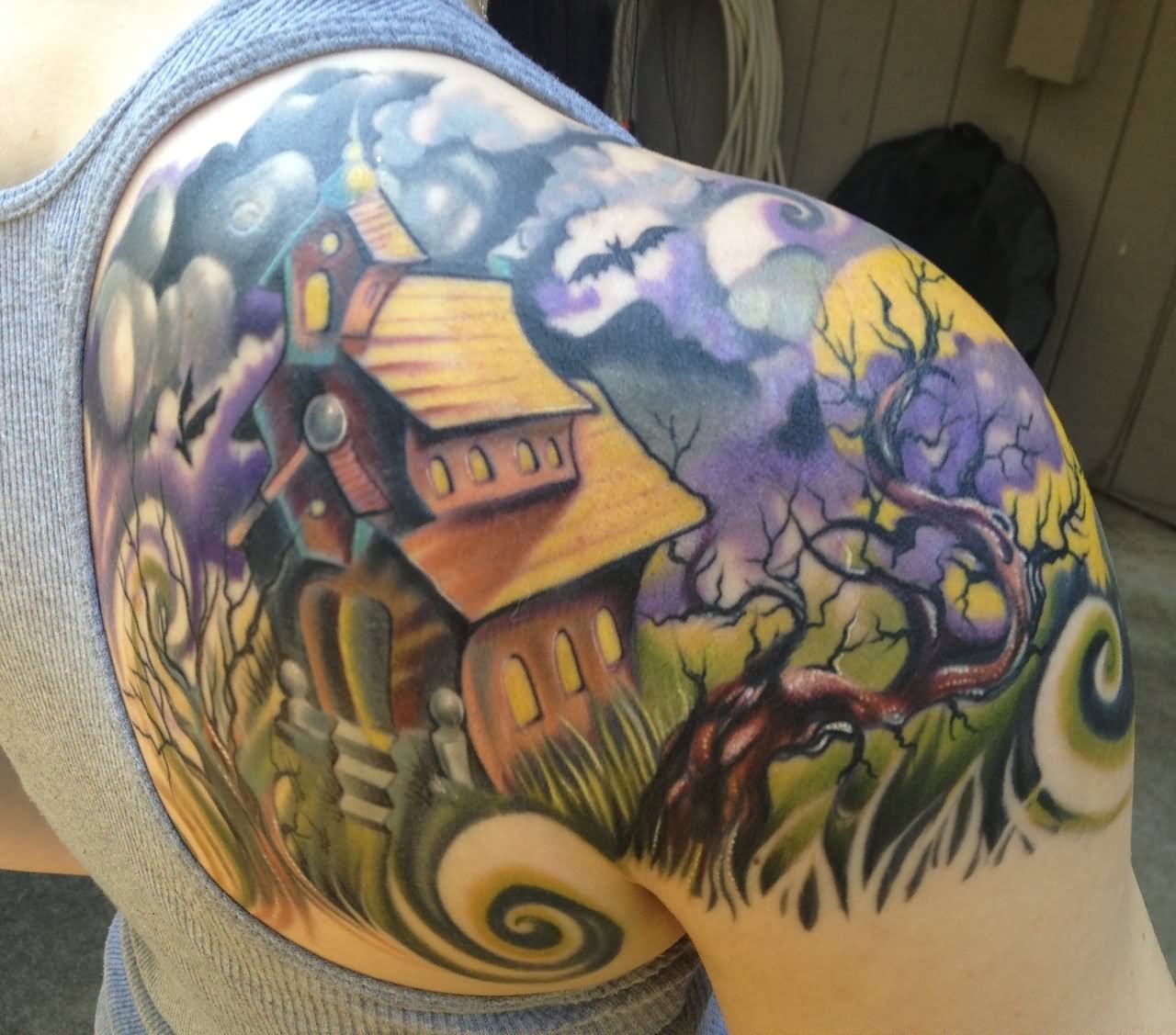 Right Shoulder Color Ink Haunted House Tattoo