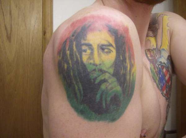 Right Shoulder Colored Bob Marley Tattoo