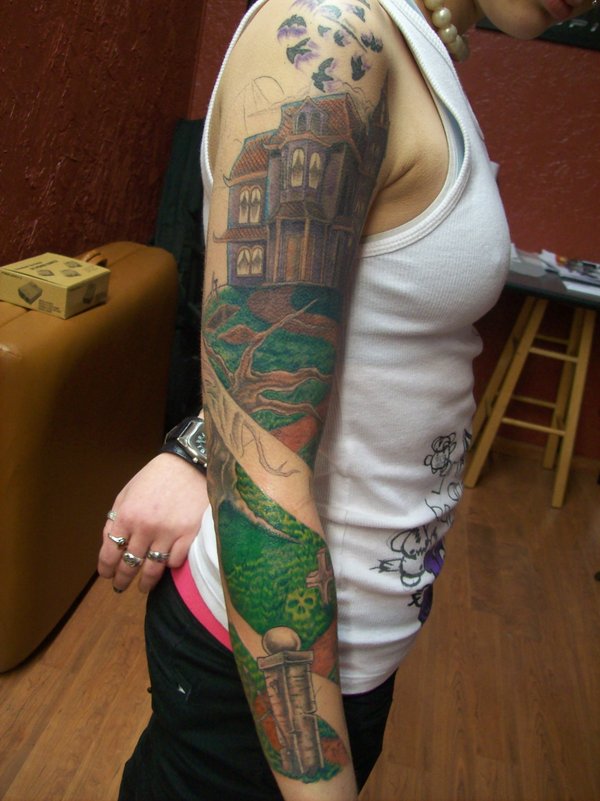 Right Sleeve Traditional Haunted House Tattoo