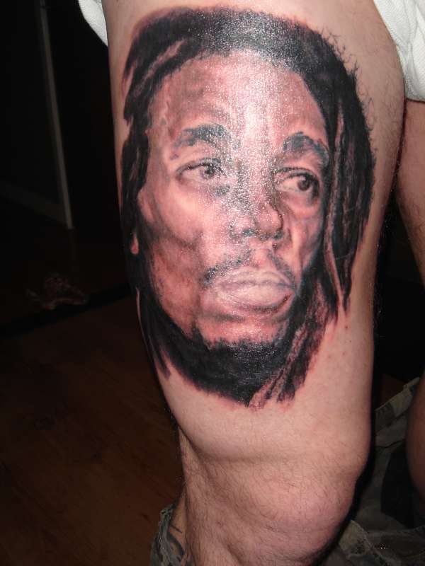 Right Thigh Bob Marley Tattoo
