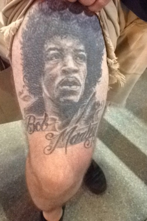 Right Thigh Dark Ink Bob Marley Tattoo