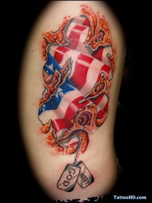Ripped Skin American Flag And Tags Tattoo Design