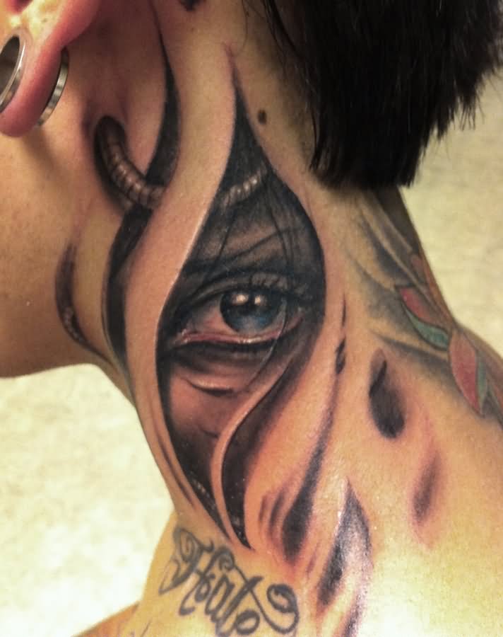 Ripped Skin Eye Tattoo On Side Neck