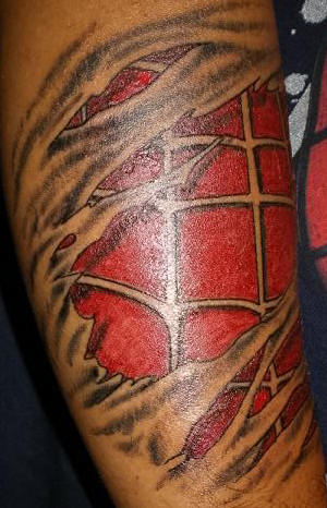 Ripped Skin Red Ink Spiderman Tattoo On Sleeve