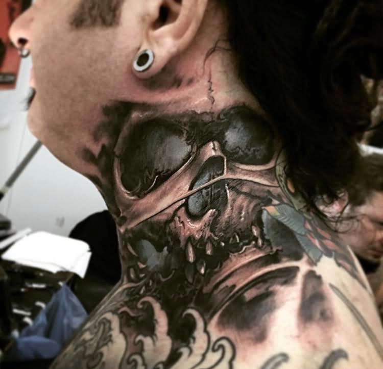 Ripped Skin Skull Tattoo On Man Side Neck