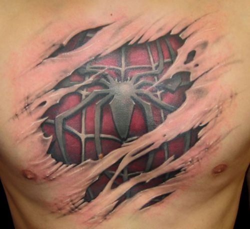 Ripped Skin Spiderman Logo Tattoo On Man Chest