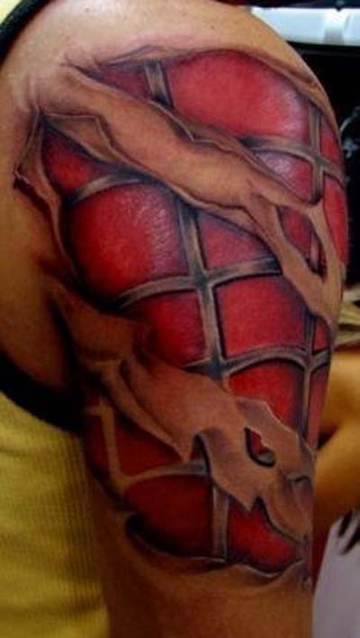 Ripped Skin Spiderman Tattoo On Half Sleeve