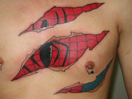 Ripped Skin Spiderman Tattoo On Man Chest