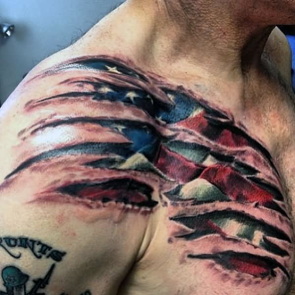Ripped Skin USA Flag Tattoo On Man Right Front Shoulder