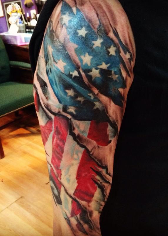 Ripped Skin USA Flag Tattoo On Man Right Half Sleeve