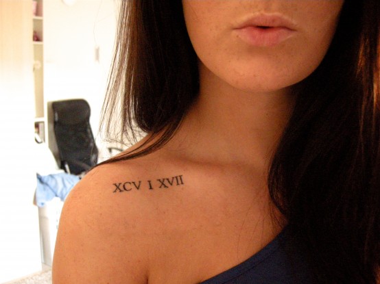 Roman Numeral Tattoo On Girl Right Collar Bone