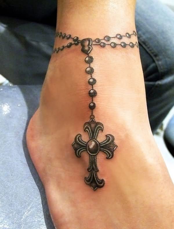 Rosary Cross Tattoo On Ankle