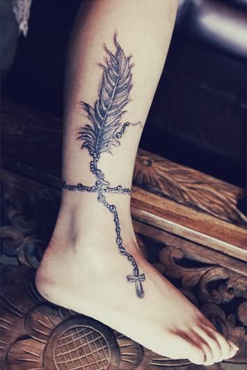 Rosary Feather And Cross Tattoo On Right Ankle