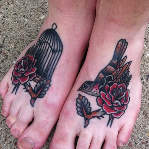 Rose And Cage Tattoos On Feet