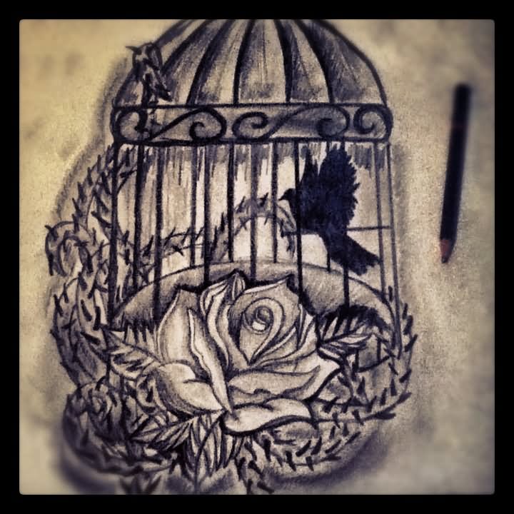 Rose Flower And Cage Tattoo Design