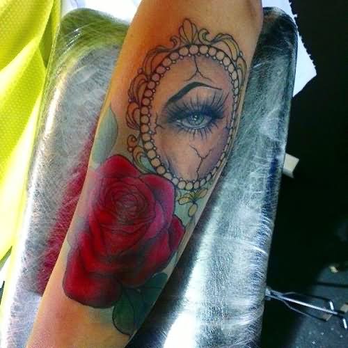 Rose Flower And Eye Glass Tattoo On Sleeve