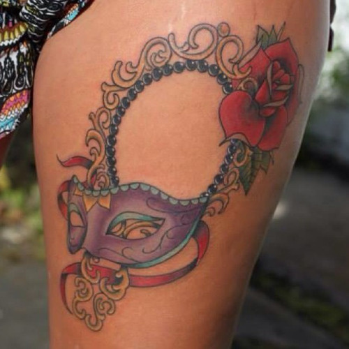 Rose Flower And Hand Mirror Tattoo On Side Rib