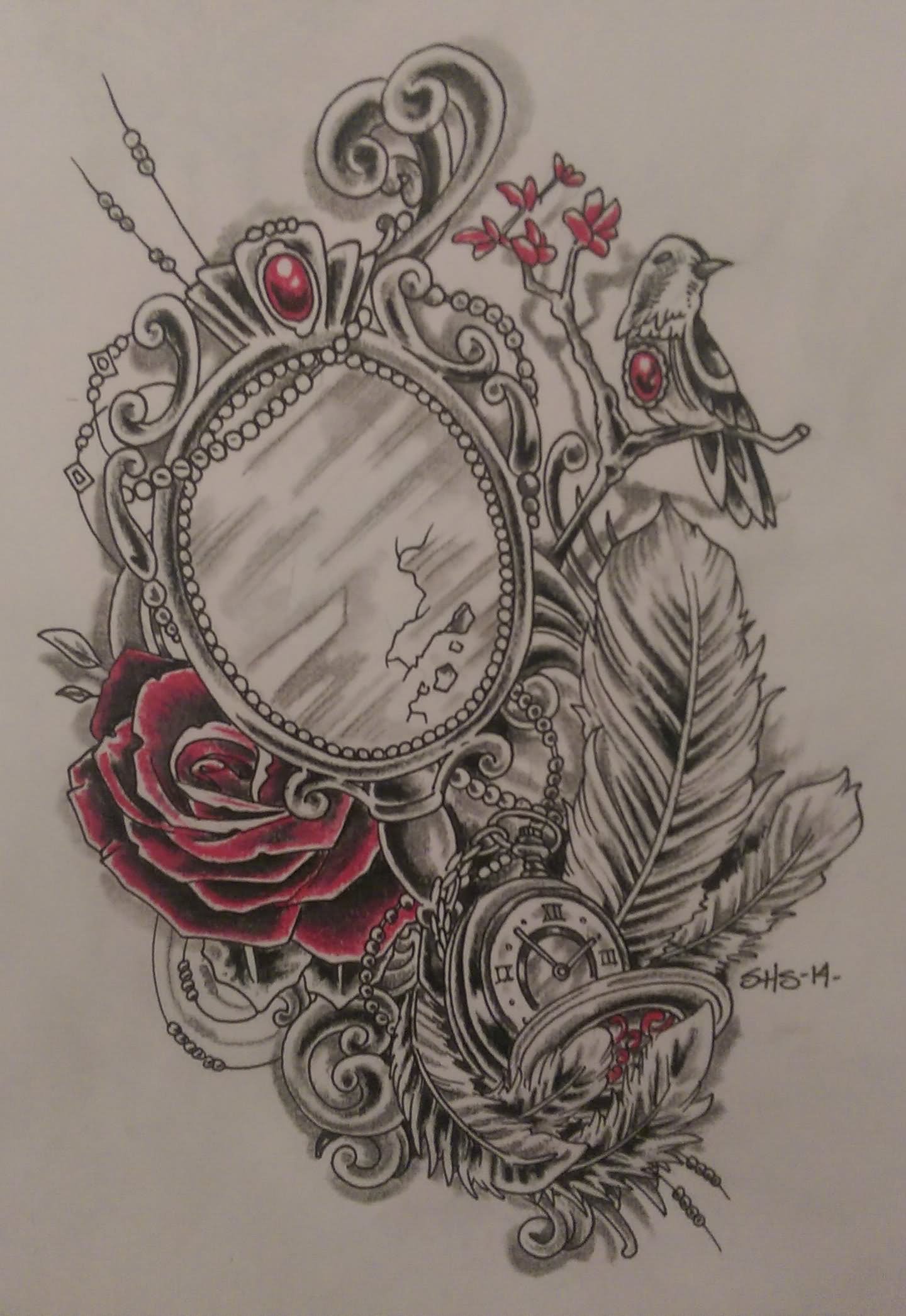 Rose Flower Victorian Hand Mirror Tattoo Design.