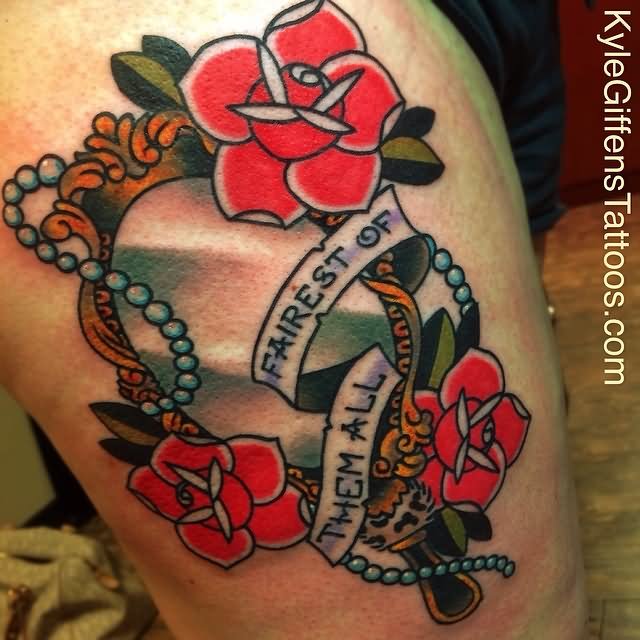 Rose Flowers And Banner With Hand Mirror Tattoo