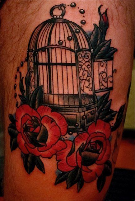 Rose Flowers And Cage Tattoo On Sleeve