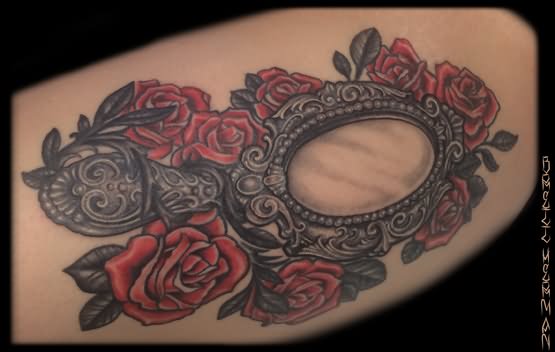Rose Flowers And Hand Mirror Traditional Tattoo