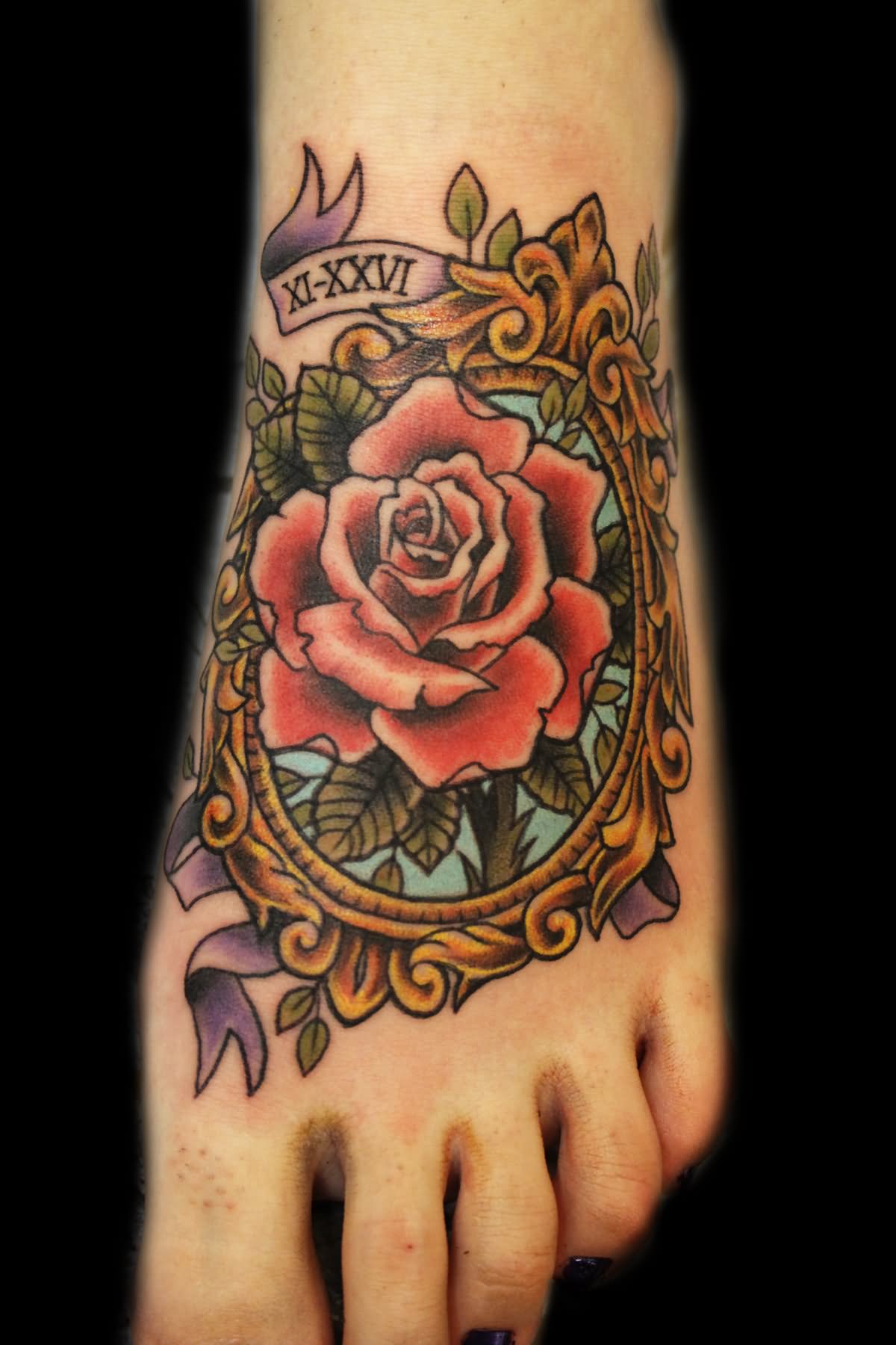 Rose In Frame With Banner Tattoo On Foot