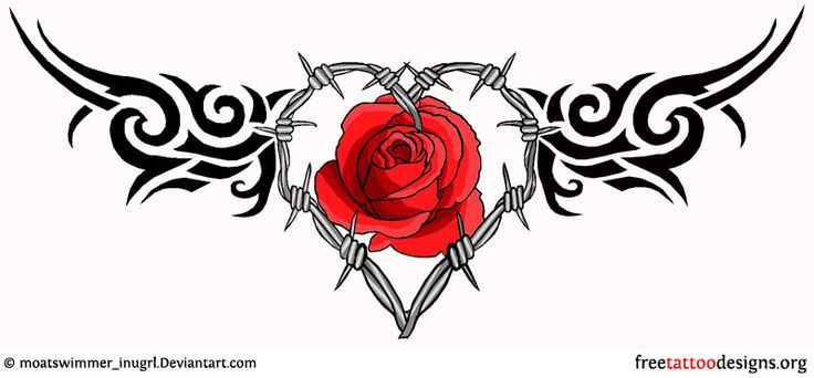 Rose In Gothic Barbed Heart With Tribal Wings Tattoo Design